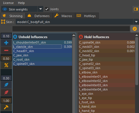 mcSkinningBee skinning interface showing influence lists and weight editing tools